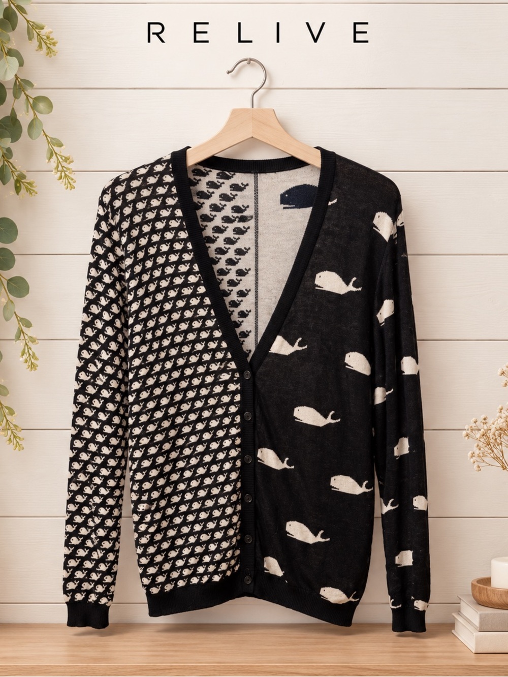 RELIVE Whale Print Cardigan – Black & White – Size XL